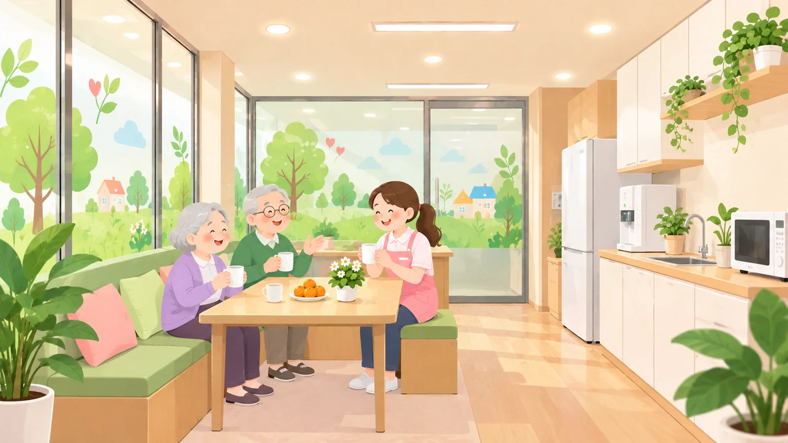 통유리창이 있는 센터 사무실 휴게 공간에서 요양보호사와 어르신들이 귤을 곁들여 차를 나누는 그림