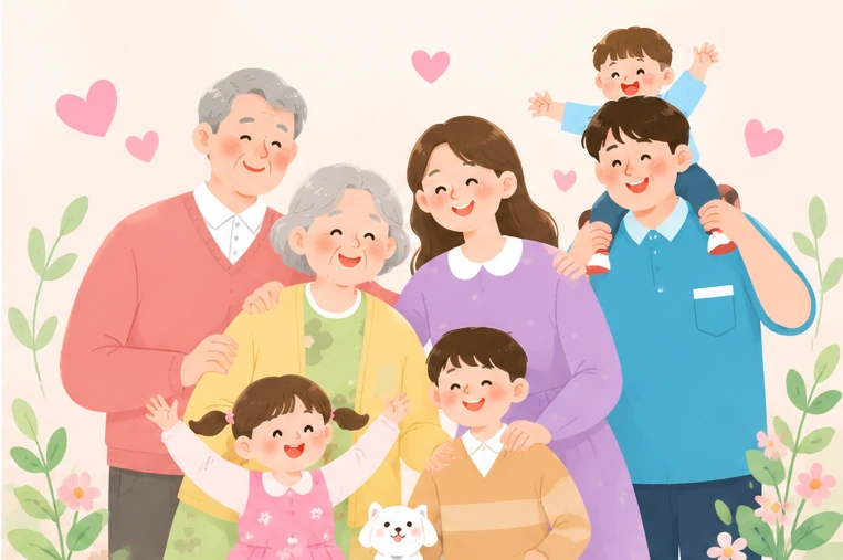 할머니·할아버지와 자녀, 손주들이 함께 웃고 있는 가족 그림